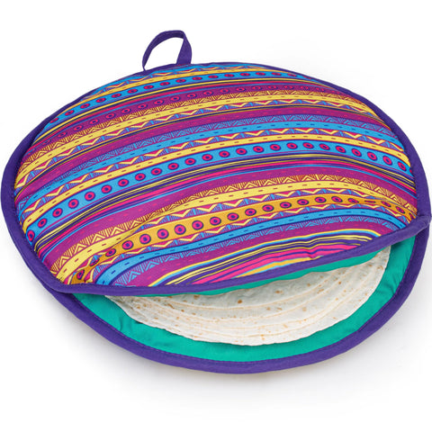 PixiPy tortilla warmer pouch with multicolor 12-inch design keeps tortillas warm for tacos.