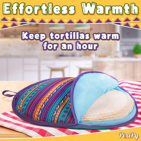 PixiPy tortilla warmer pouch open top shows easy access for quick tortilla serving.
