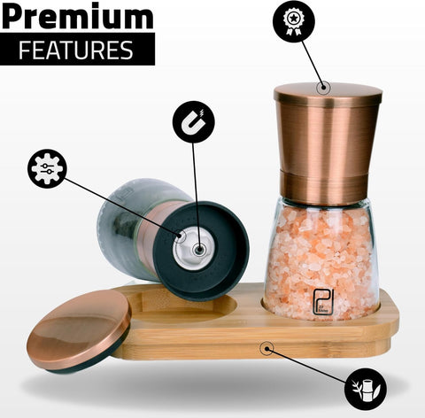 PJC-Kitchen bamboo holder displaying copper grinders in organized, stylish way