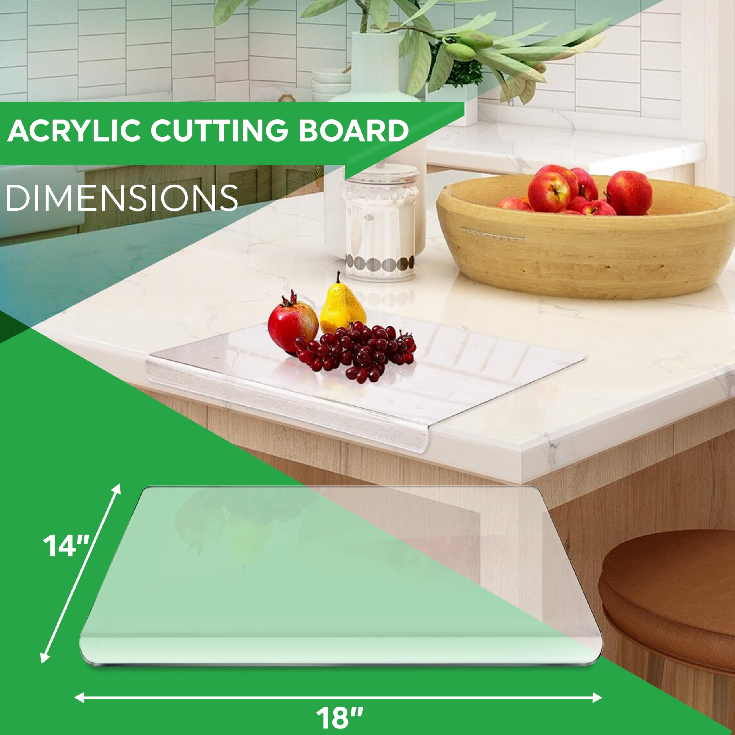 PlainPick acrylic cutting board with lip 18x16 steady surface for slicing and dicing.