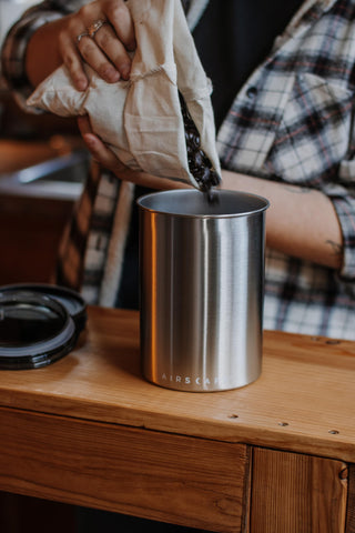 Planetary Design Airscape stores coffee beans in stainless steel to maintain flavor.