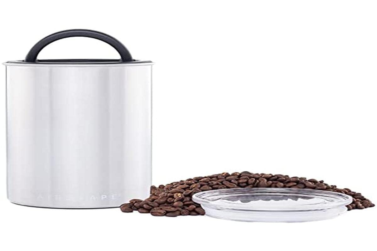 Planetary Design Airscape canister in brushed steel preserves coffee freshness longer