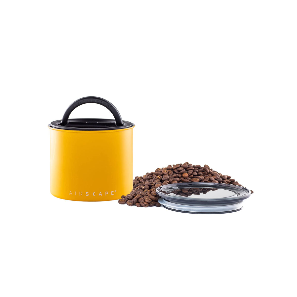 Planetary Design Airscape canister close-up showing matte yellow lid and steel body preserving freshness.