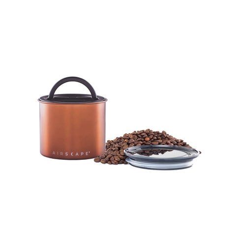 Planetary Design Airscape canister in brushed copper protects coffee aromas and blocks UV light.