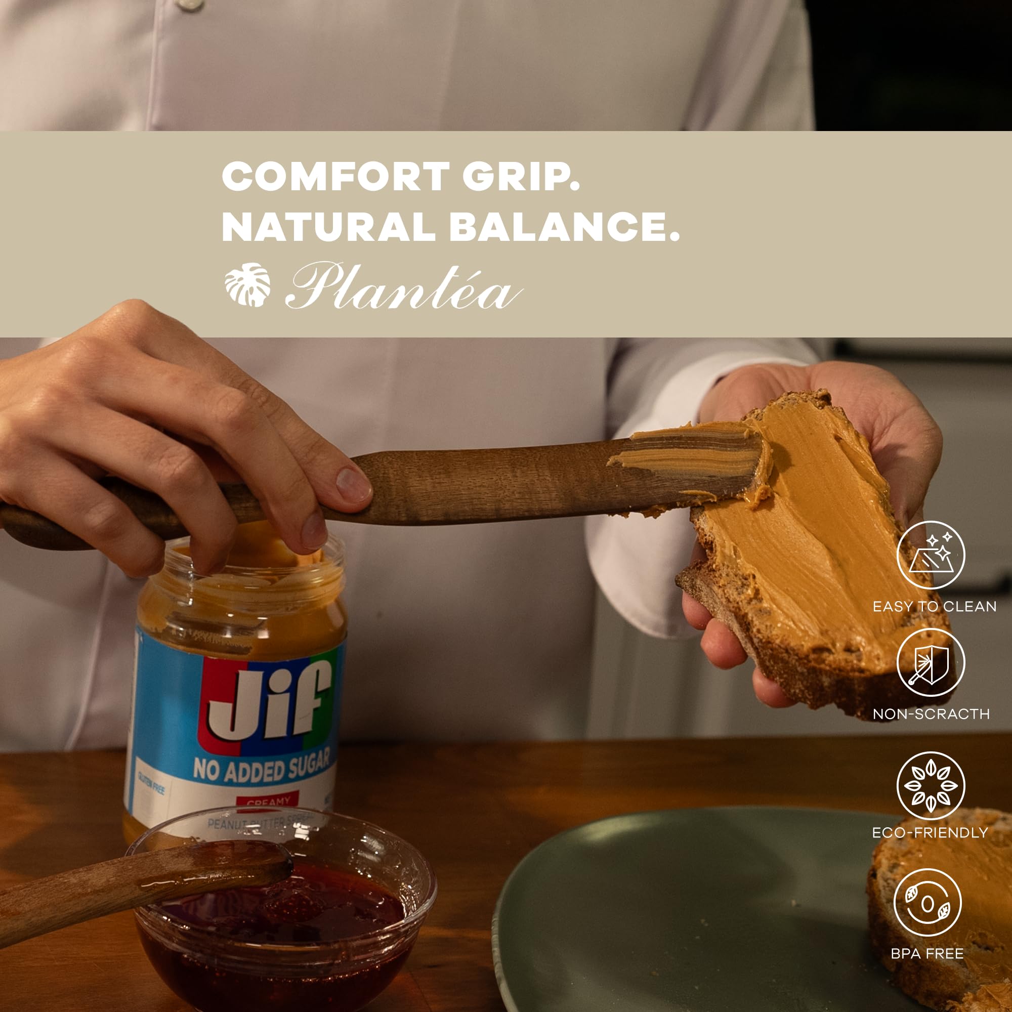 PLANTÉA wooden spurtle for scraping jars and batter mixing.