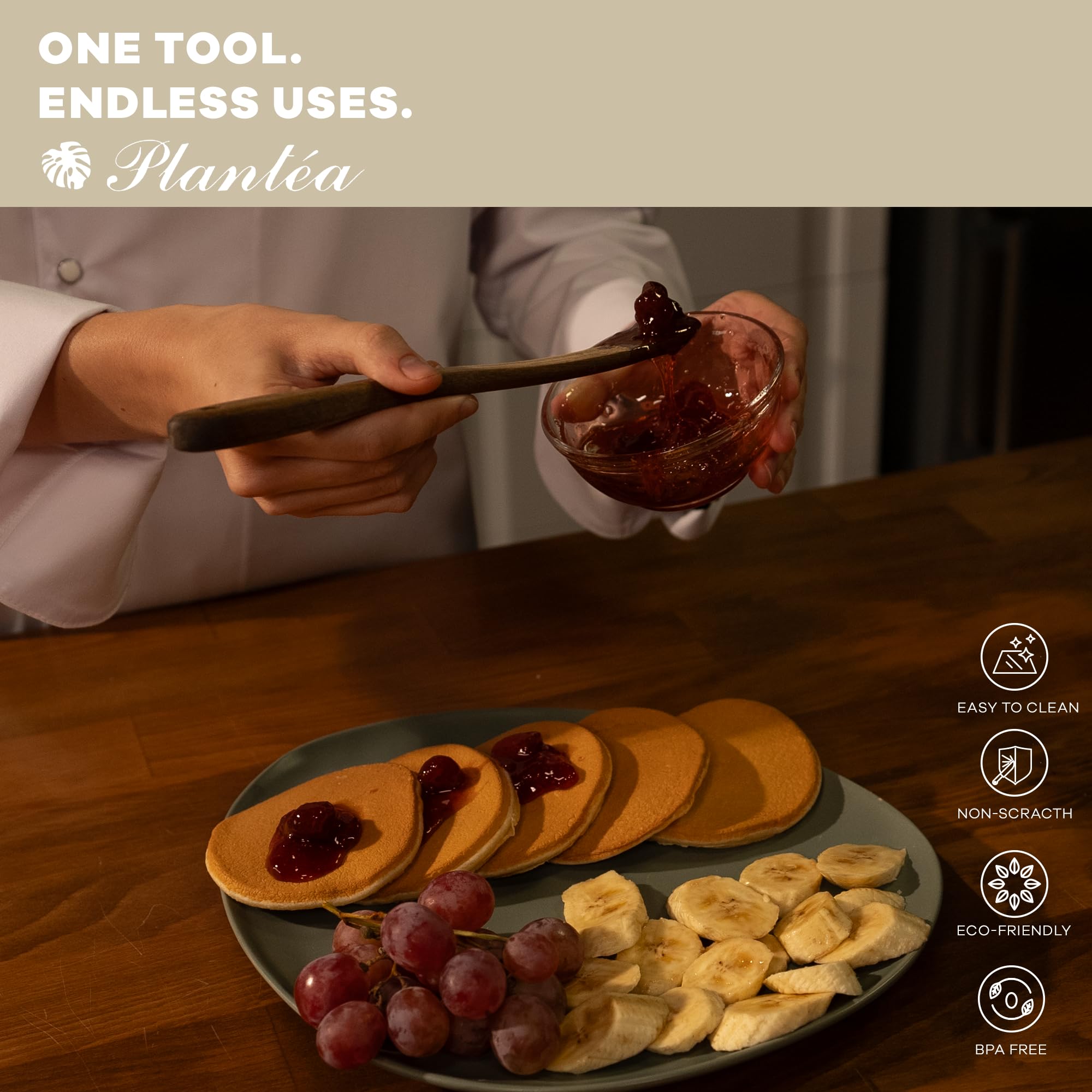 PLANTÉA wooden spurtle safe for nonstick cookware.