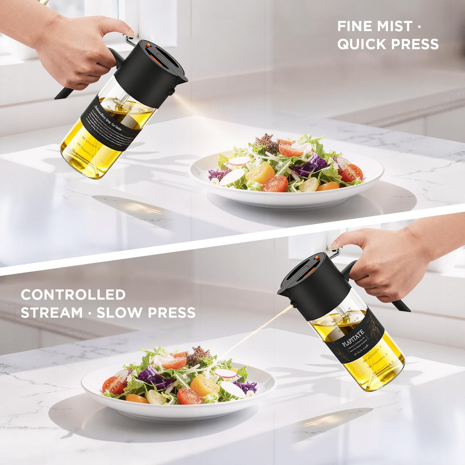 PLAPITATE glass oil sprayer with clear measurement markings for easy portioning.
