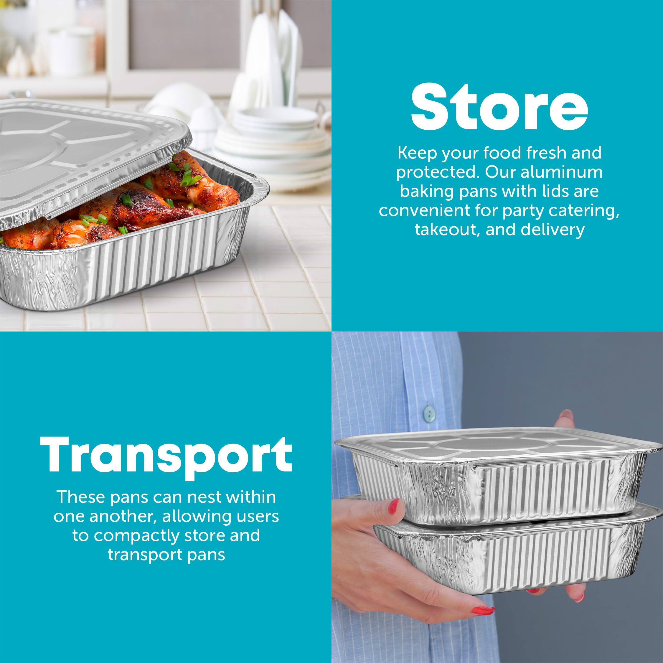 Plastible pans with lids for meal prep and leftovers.