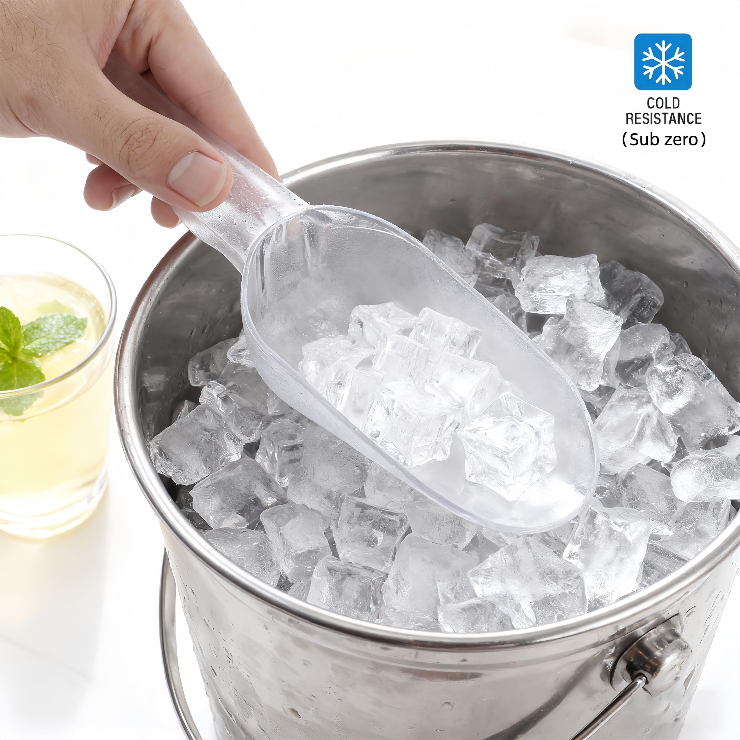 BPA-free plastic ice scoop showing contents in freezer