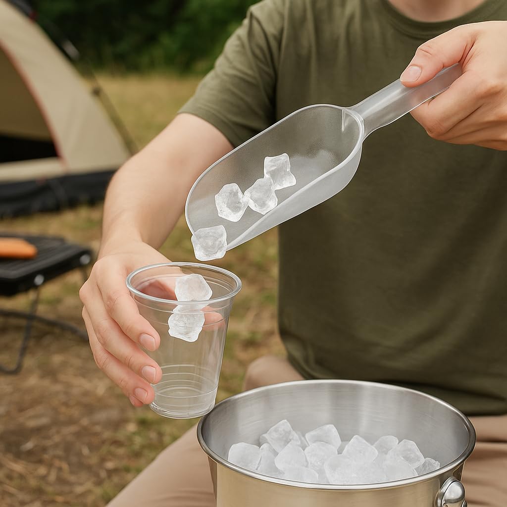 Clear plastic scoop designed for visibility in freezer bin