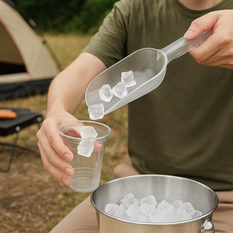 Clear plastic scoop designed for visibility in freezer bin