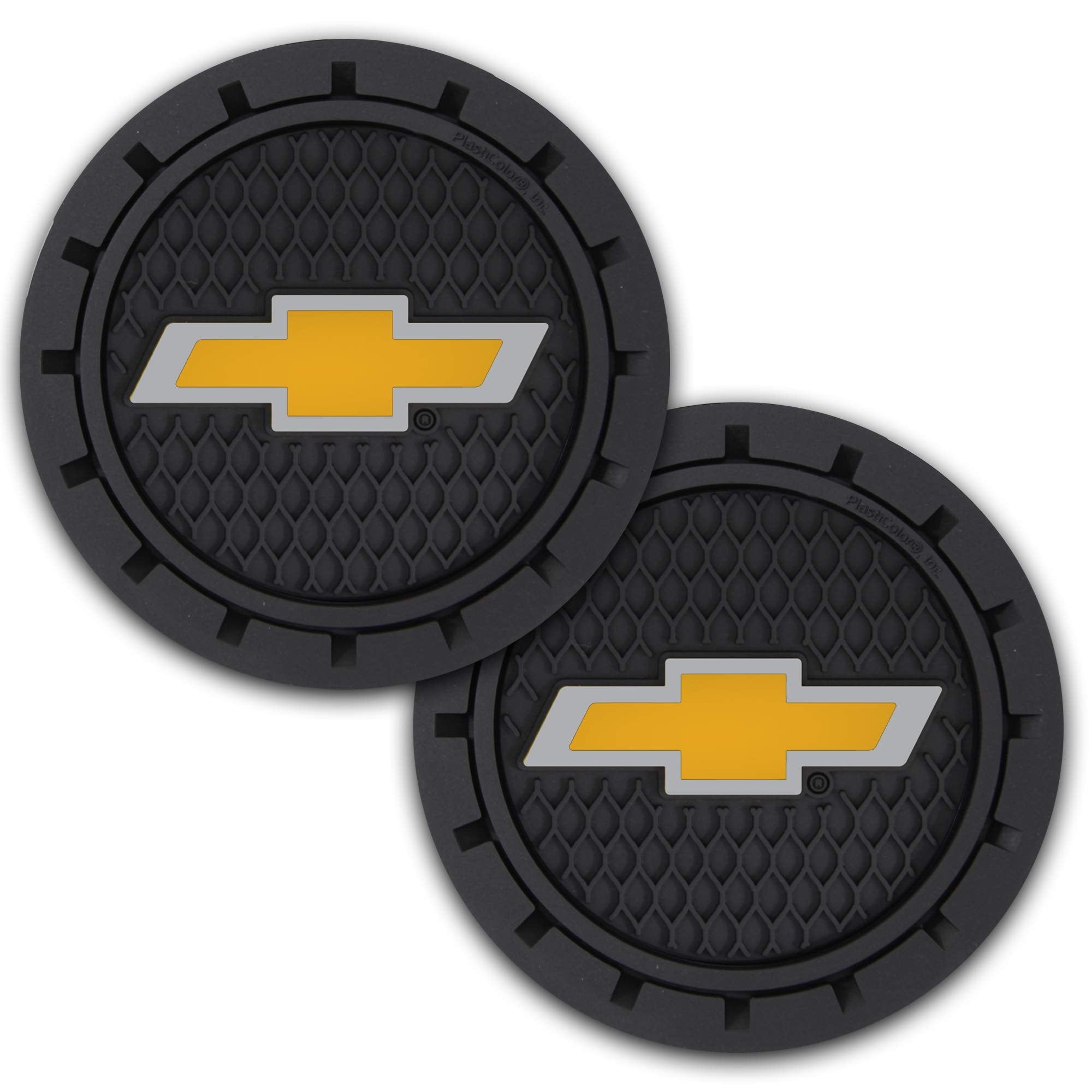 Close-up of Plasticolor bowtie coaster in black, stylish car interior accessory.