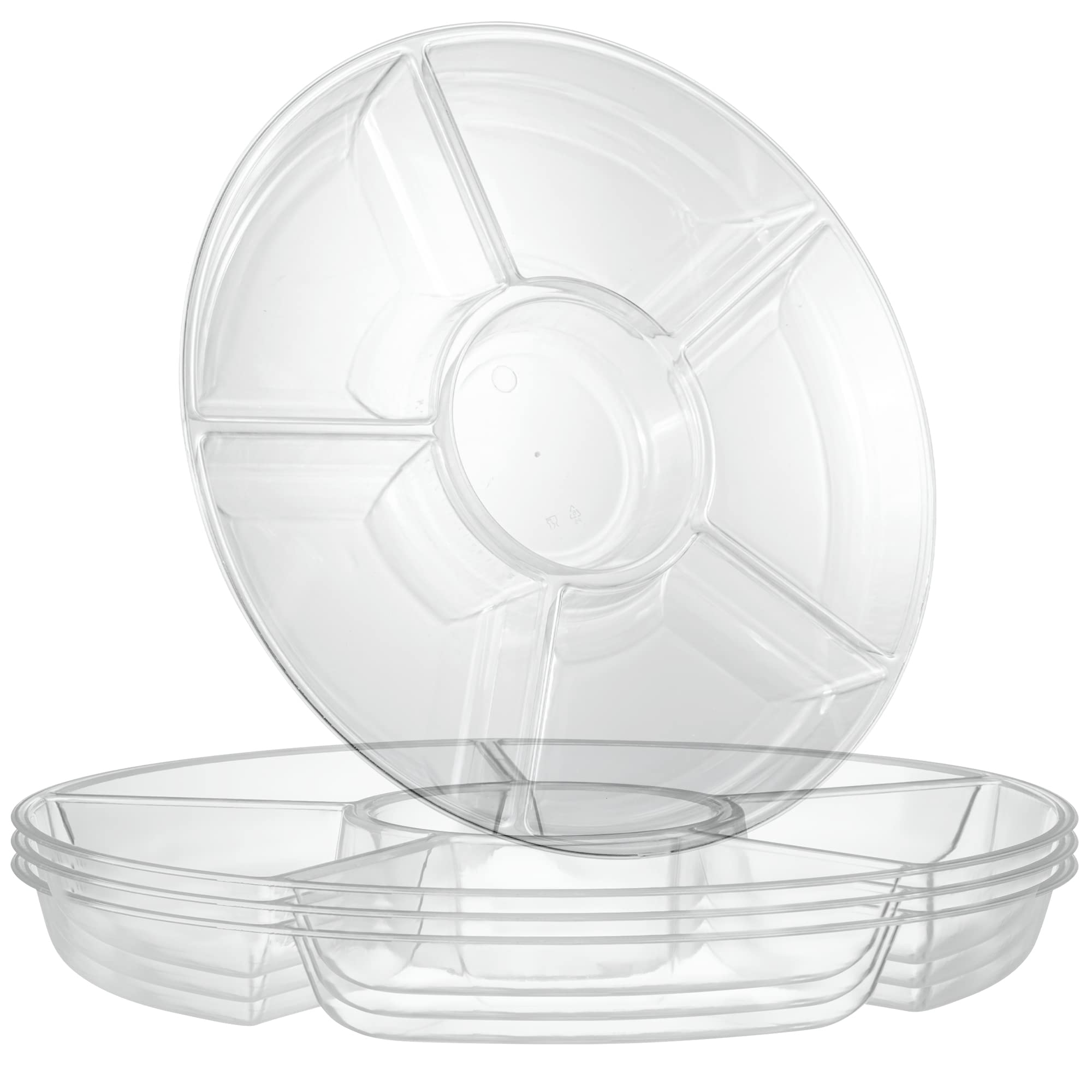 Plasticpro 6-sectional round tray assembly showcases durable, reusable event serving.