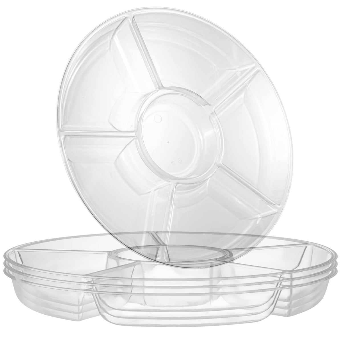 Plasticpro 6-sectional round tray assembly showcases durable, reusable event serving.