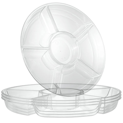 Plasticpro 6-sectional round tray assembly showcases durable, reusable event serving.