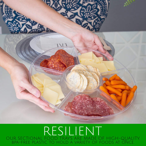 Plasticpro 6-sectional round tray clear view captures reusable, affordable serving option.