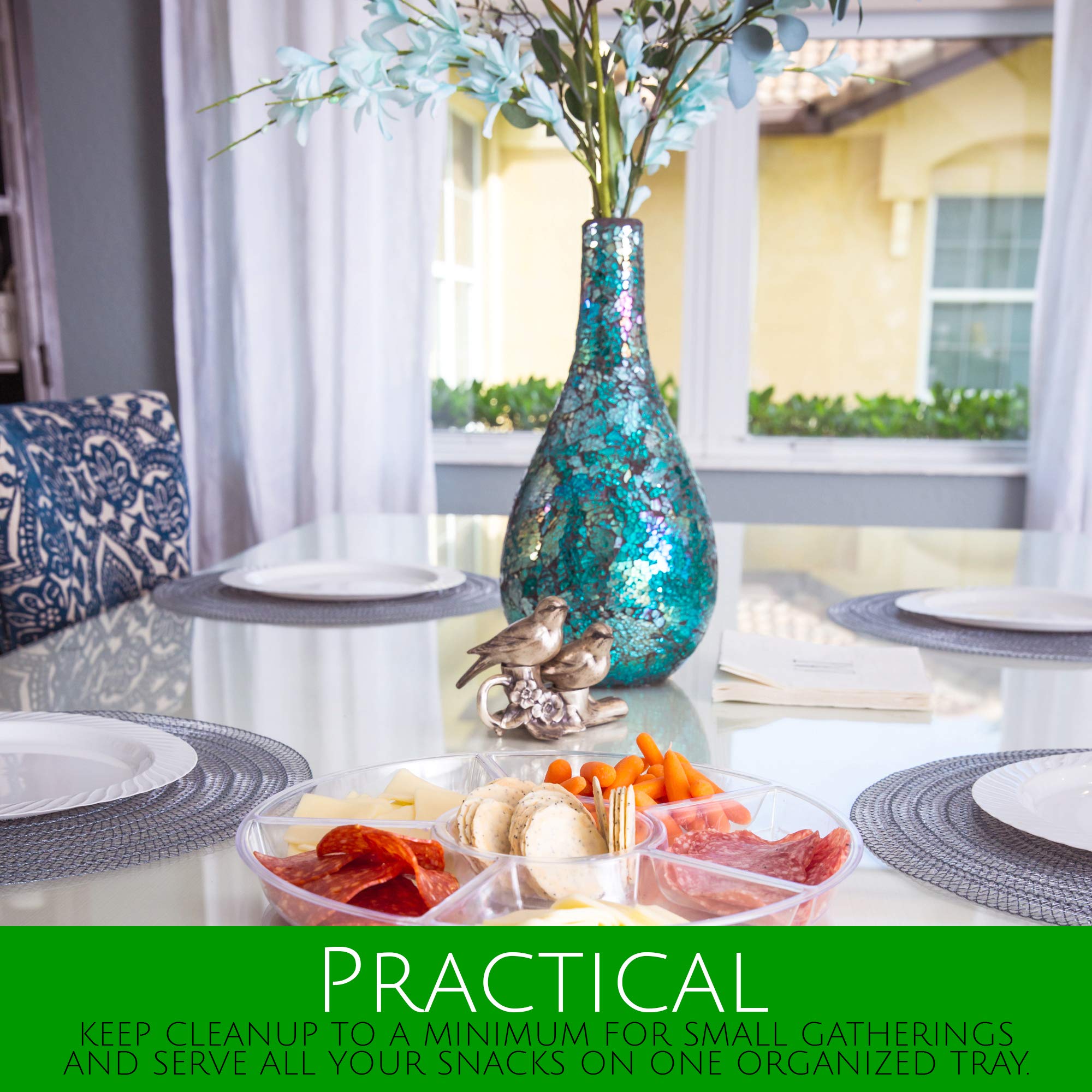 Plasticpro 6-sectional round tray snacks demonstrates versatile platter for chips and veggies.