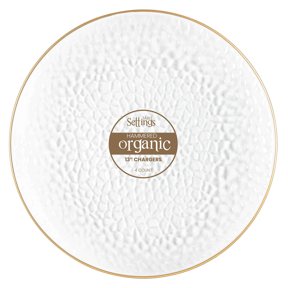 PlasticPro clear hammered charger plate with gold rim enhances elegant wedding tables