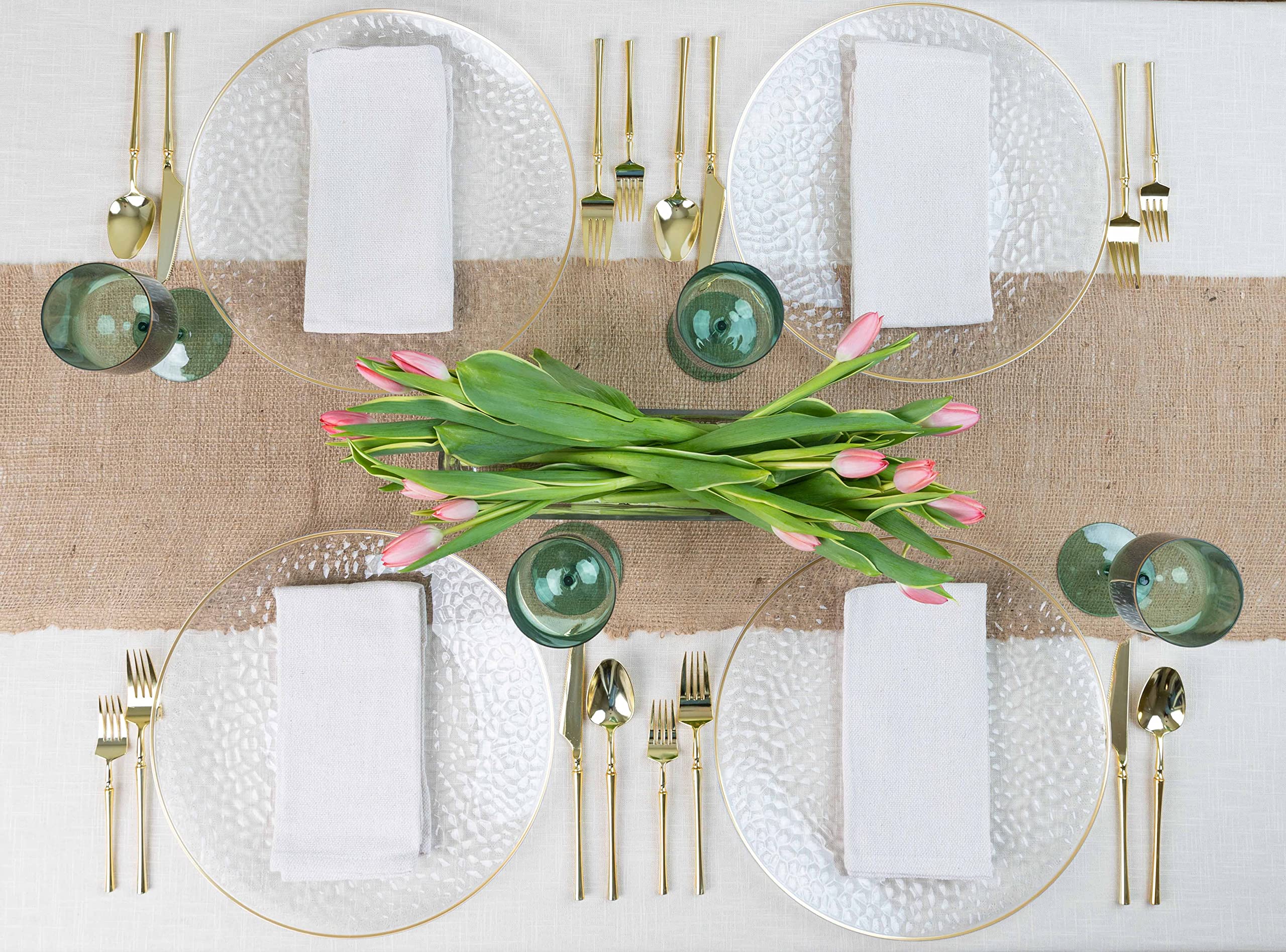 Clear design blends with any dinnerware for versatile event styling