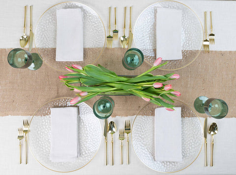 Clear design blends with any dinnerware for versatile event styling