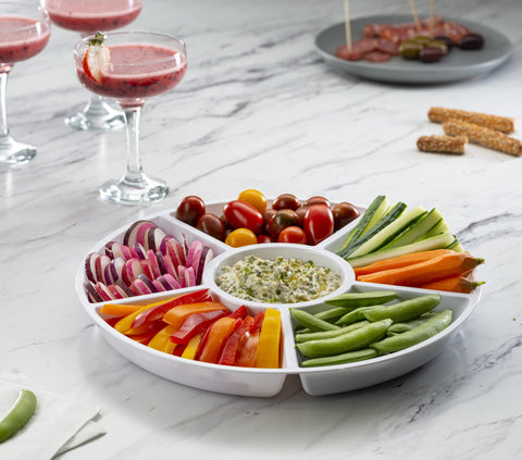 Plasticpro round tray with six compartments ideal for chips and salsa