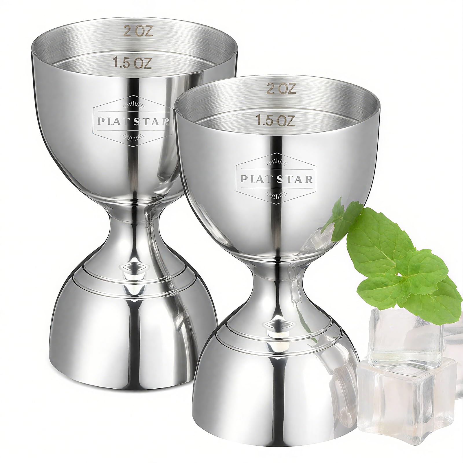 Plat Star dual bell jigger shows 1oz and 2oz measures for fast, accurate pours.