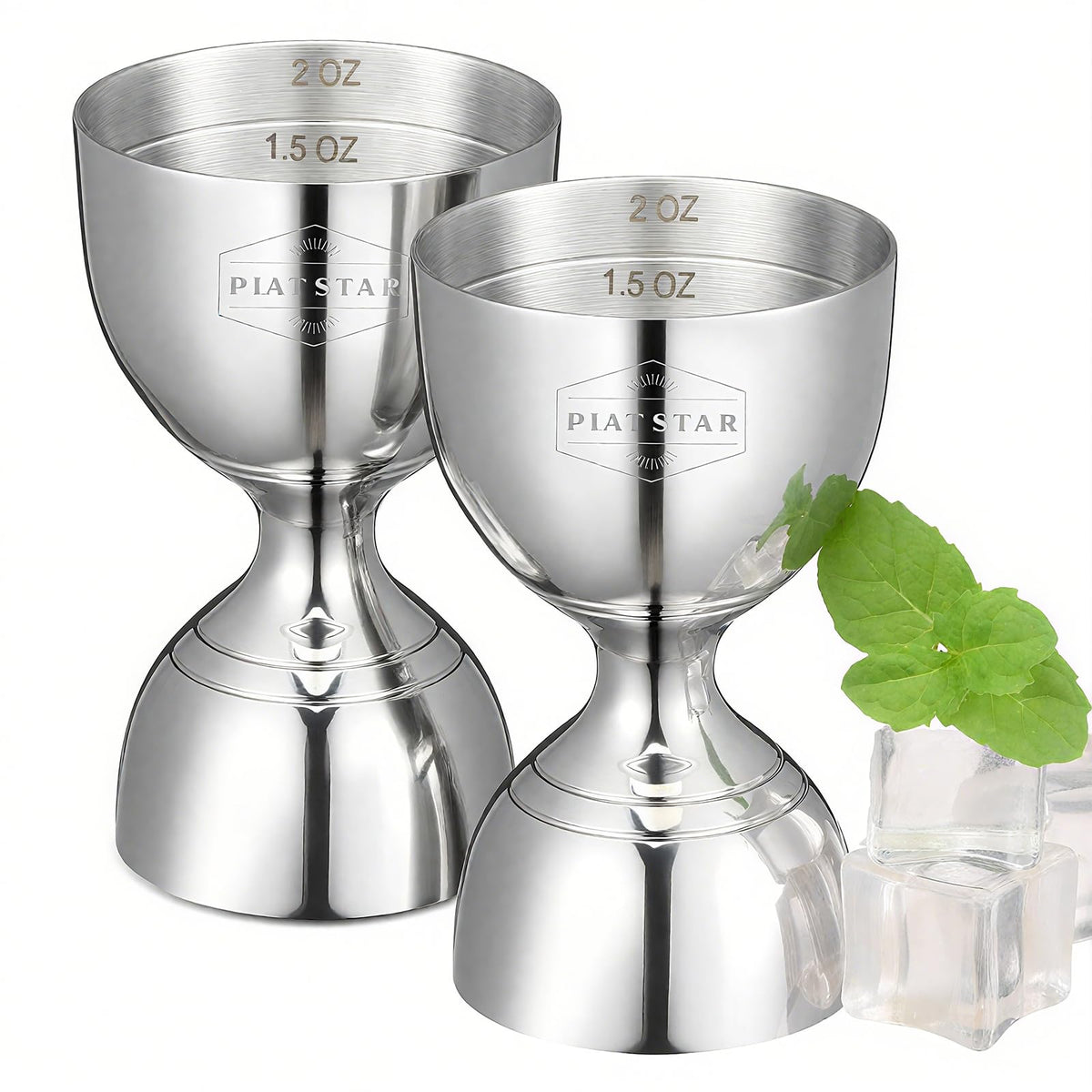 Plat Star dual bell jigger shows 1oz and 2oz measures for fast, accurate pours.