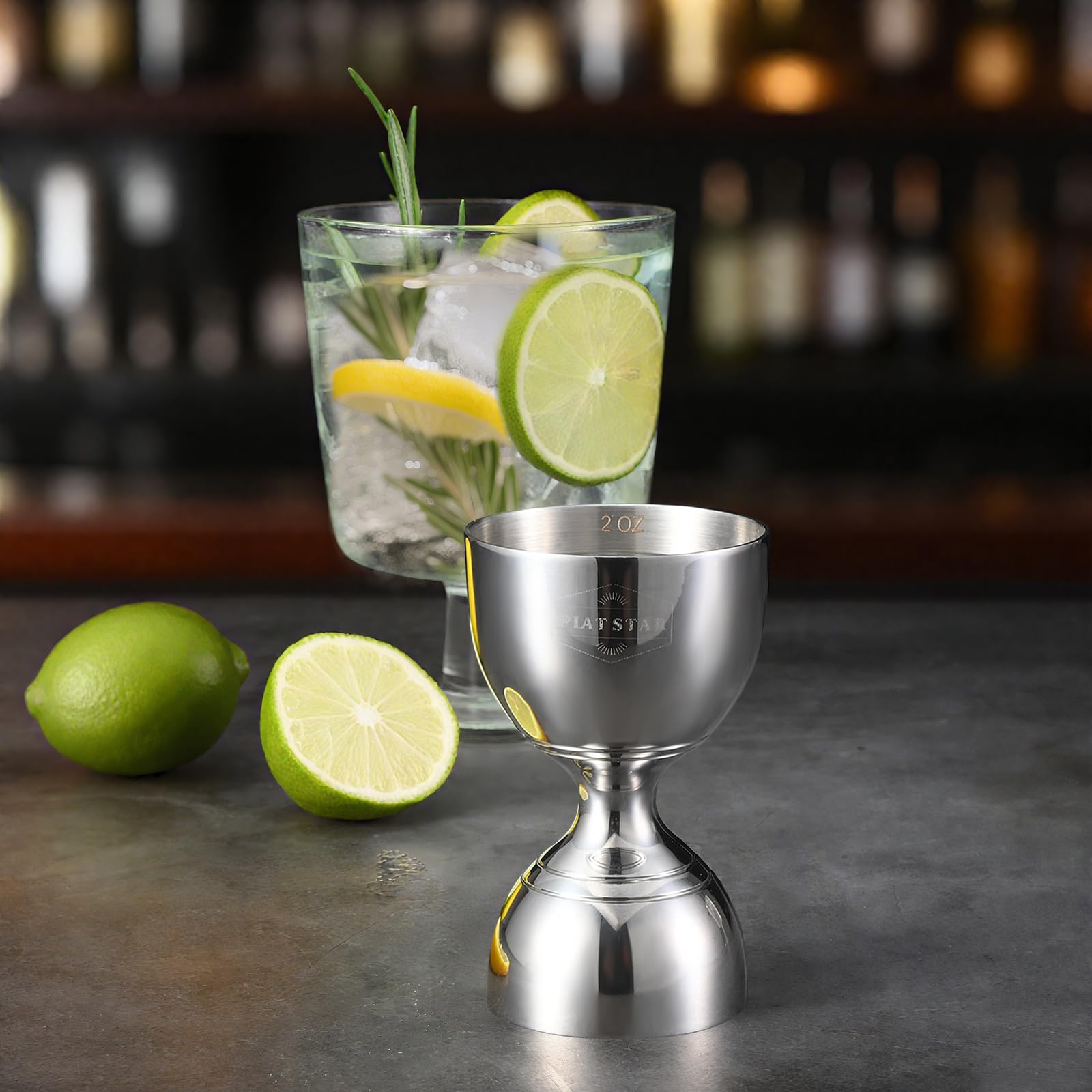 Plat Star jigger features etched inside lines for precise cocktail measurements.