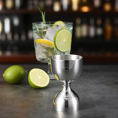 Plat Star jigger features etched inside lines for precise cocktail measurements.