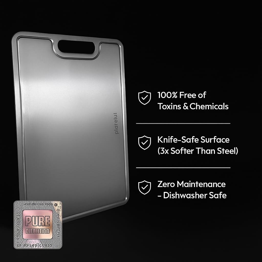 Plateful titanium cutting board features a hygienic surface, minimizing toxin exposure.