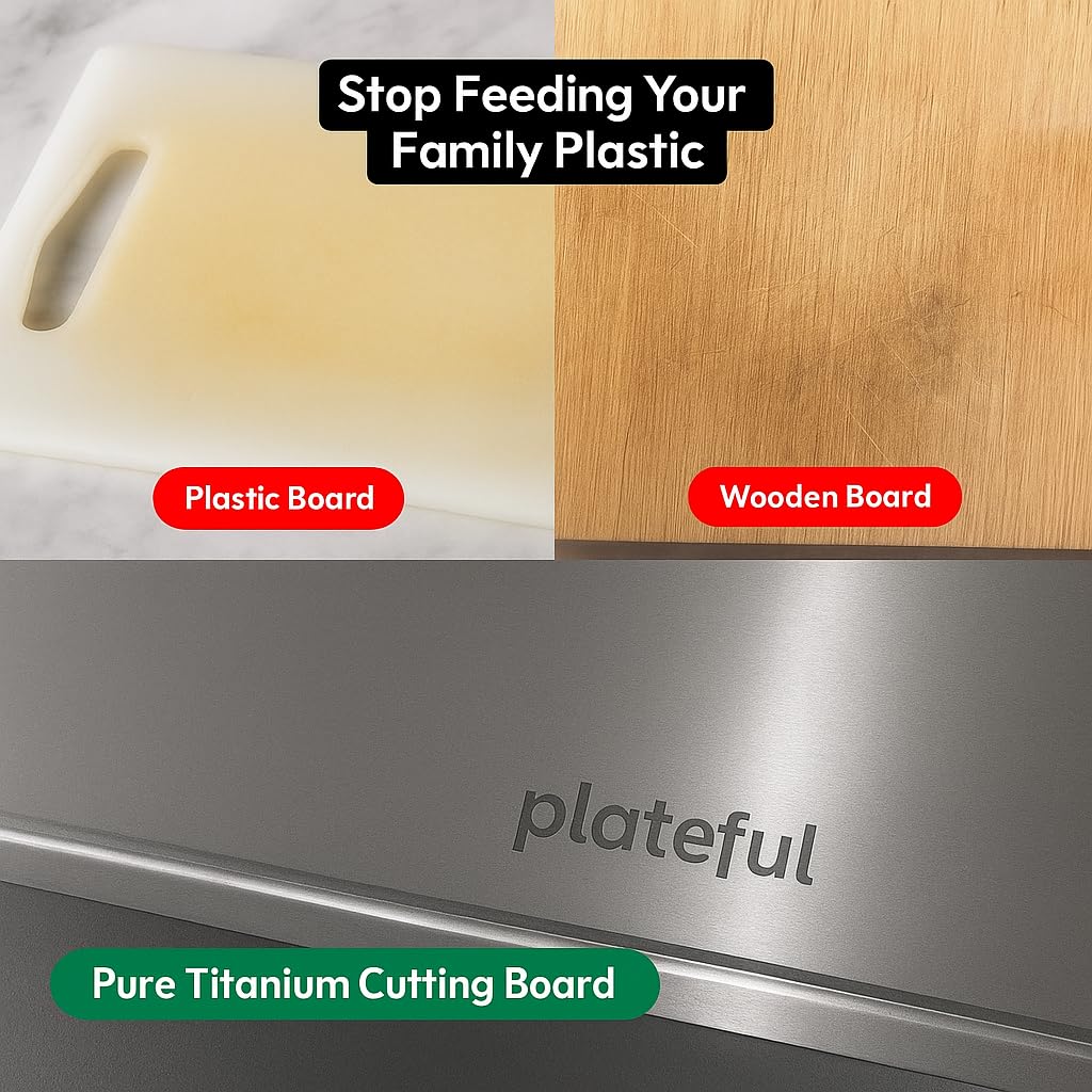 Plateful titanium cutting board delivers a knife-friendly surface that preserves edge sharpness.