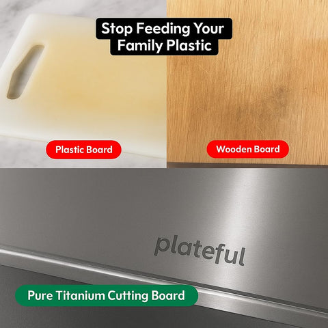 Plateful titanium cutting board delivers a knife-friendly surface that preserves edge sharpness.