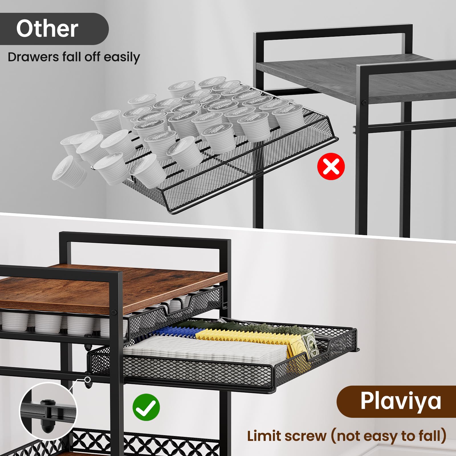 Plaviya K Cup Holder Rack five-tier storage demonstrates organized pods, mugs, and machine essentials.