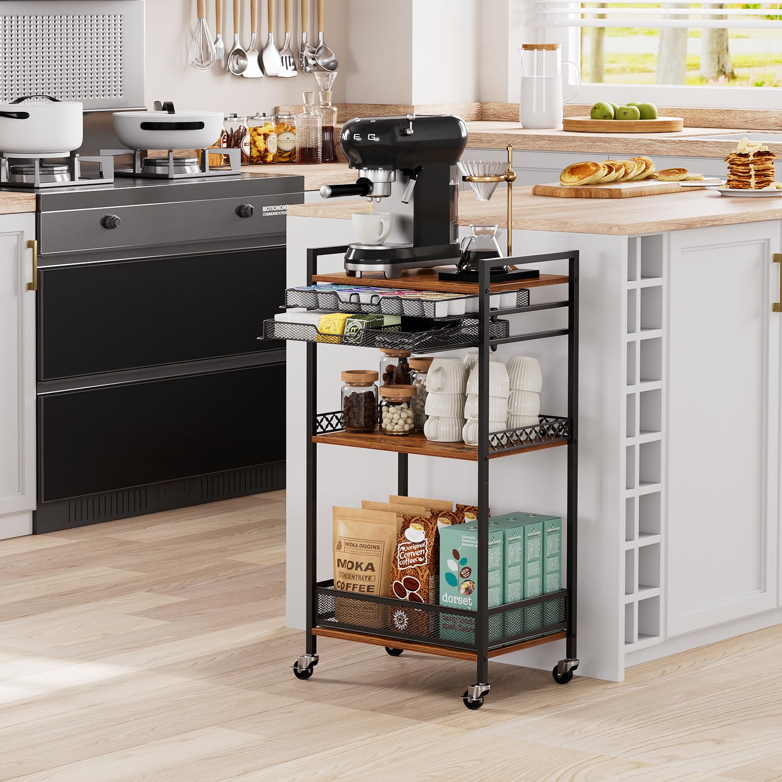 Plaviya K Cup Holder Rack with wheels; easy repositioning for different rooms.