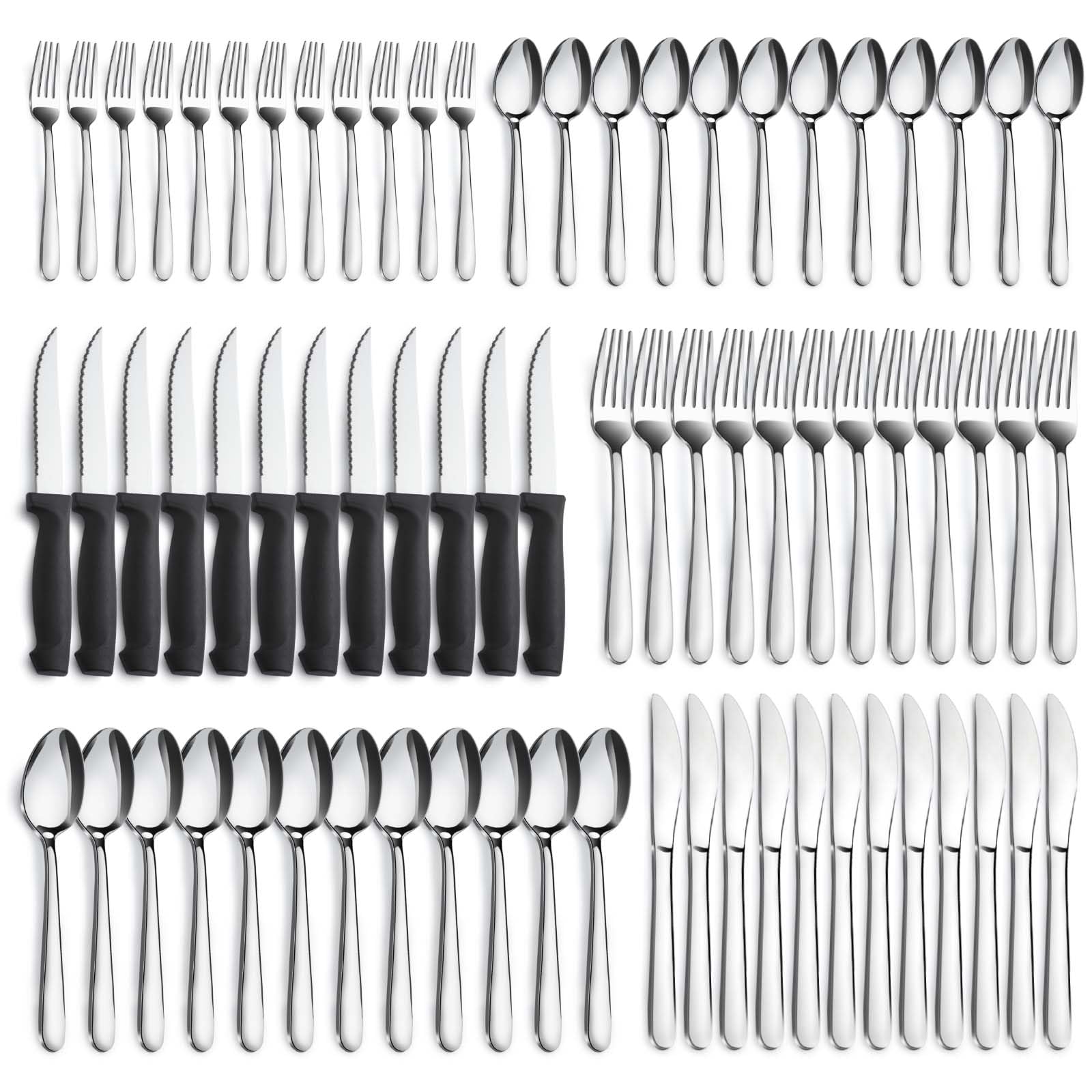 Pleafind 72-piece flatware set arranged for a full dinner service, ideal for family meals.