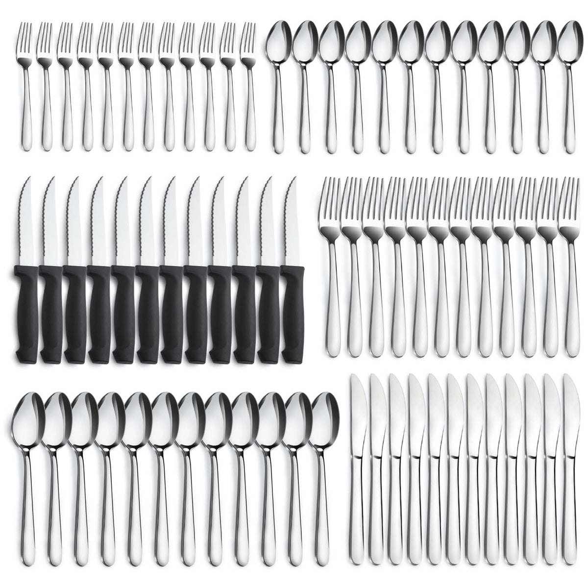 Pleafind 72-piece flatware set arranged for a full dinner service, ideal for family meals.