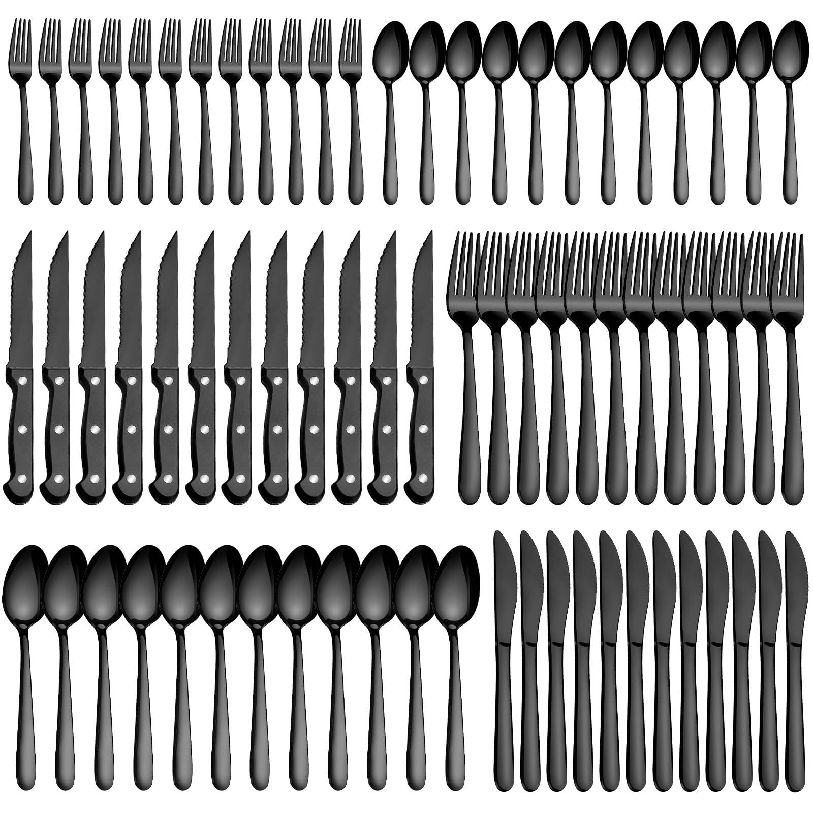 Pleafind 72Pcs black flatware set with dinner spoons for everyday meals.