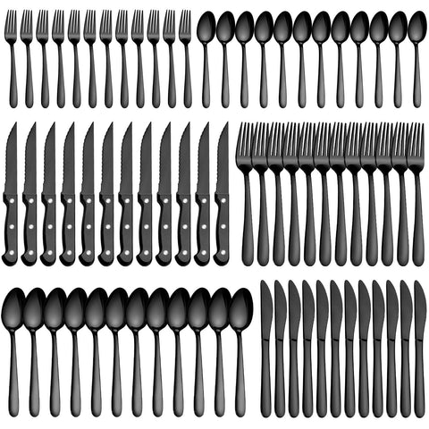 Pleafind 72Pcs black flatware set with dinner spoons for everyday meals.