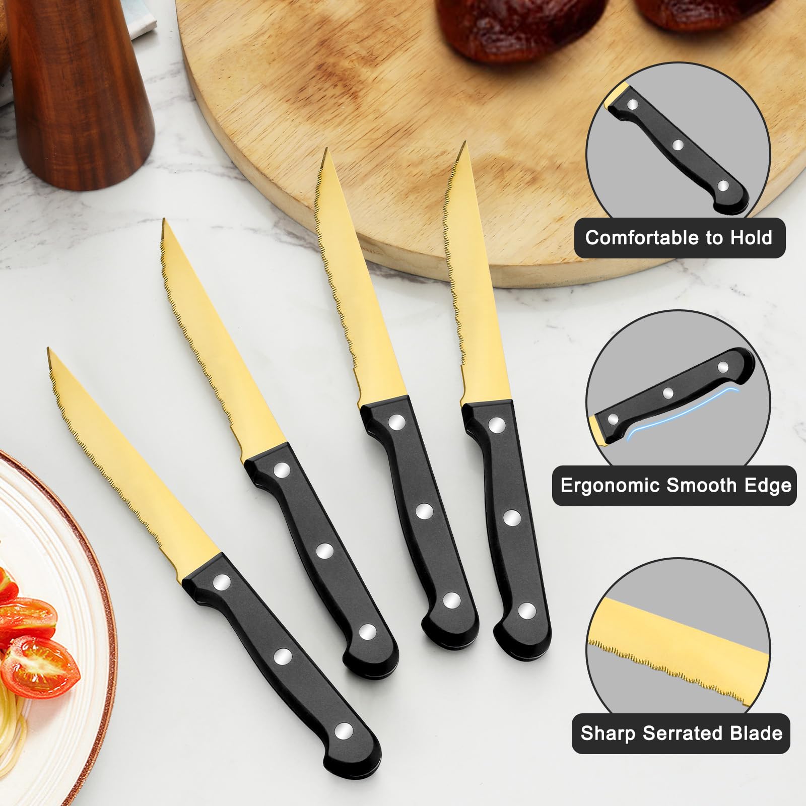 Pleafind 72pc gold dinner knives balanced weight for comfortable cutting.