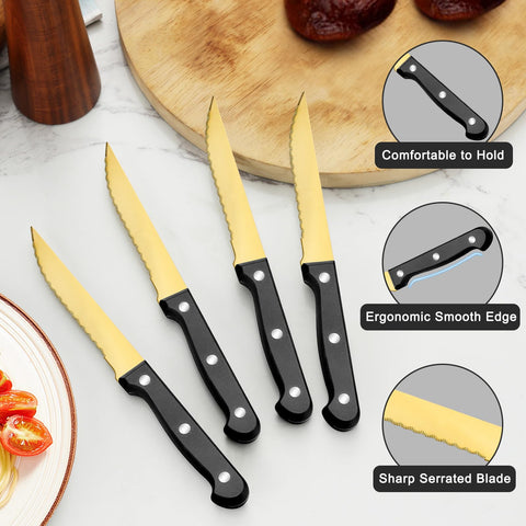 Pleafind 72pc gold dinner knives balanced weight for comfortable cutting.