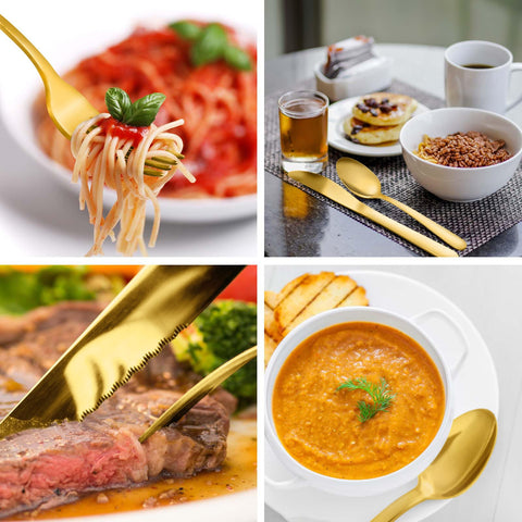 Pleafind dishwasher-safe gold flatware simplifies cleanup after meals.