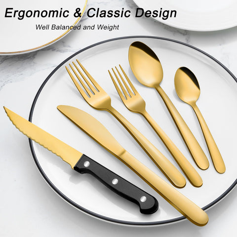 Pleafind 72pc gold steak knives included for precise slicing at meals.
