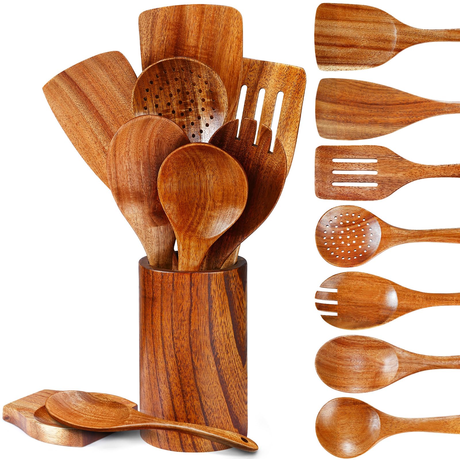 Pleafind natural teak utensils set 9 pcs with holder, durable for everyday cooking