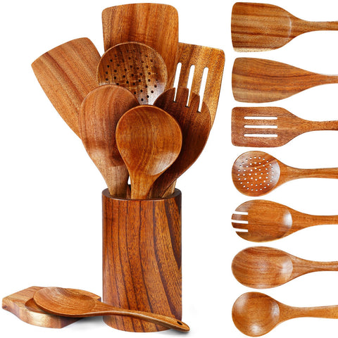 Pleafind natural teak utensils set 9 pcs with holder, durable for everyday cooking