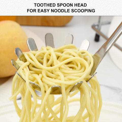 Pleafind toothed-head tong grips pasta securely for steady transfers.