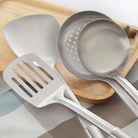 Pleafind wok utensils slotted spatula versatile for turning and draining foods.
