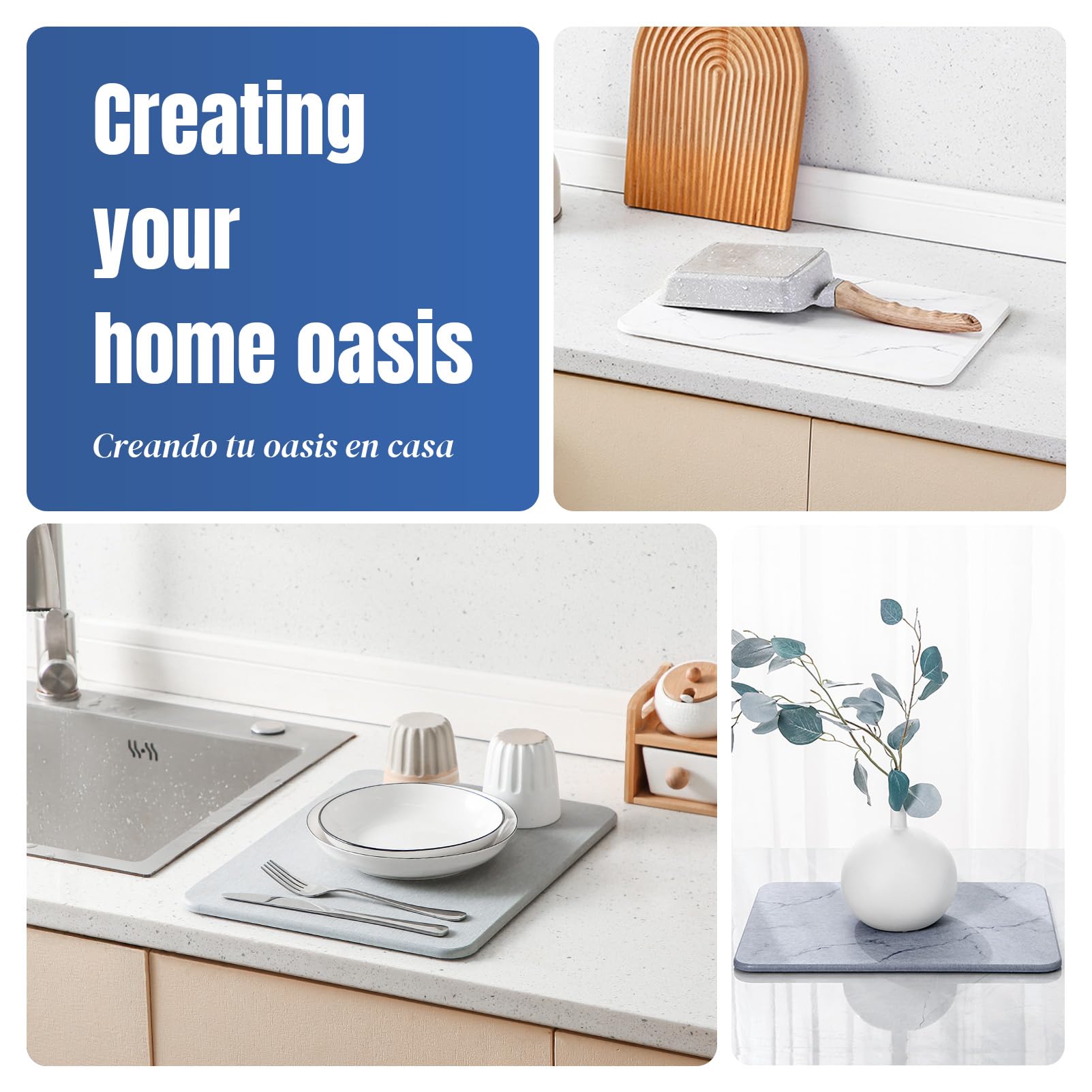 Plentio stone drying mat on kitchen counter with easy silicone feet attachment