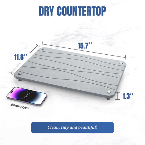 Non-slip stainless steel feet stabilize Plentio Stone Drying Mat on a counter