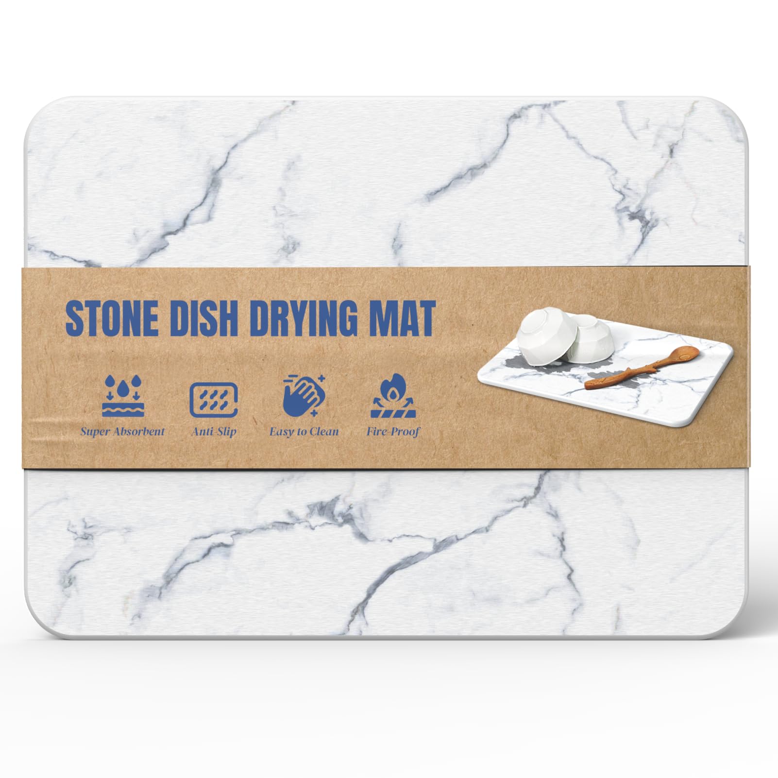 Plentio stone drying mat top view showing fast absorption on a clean counter