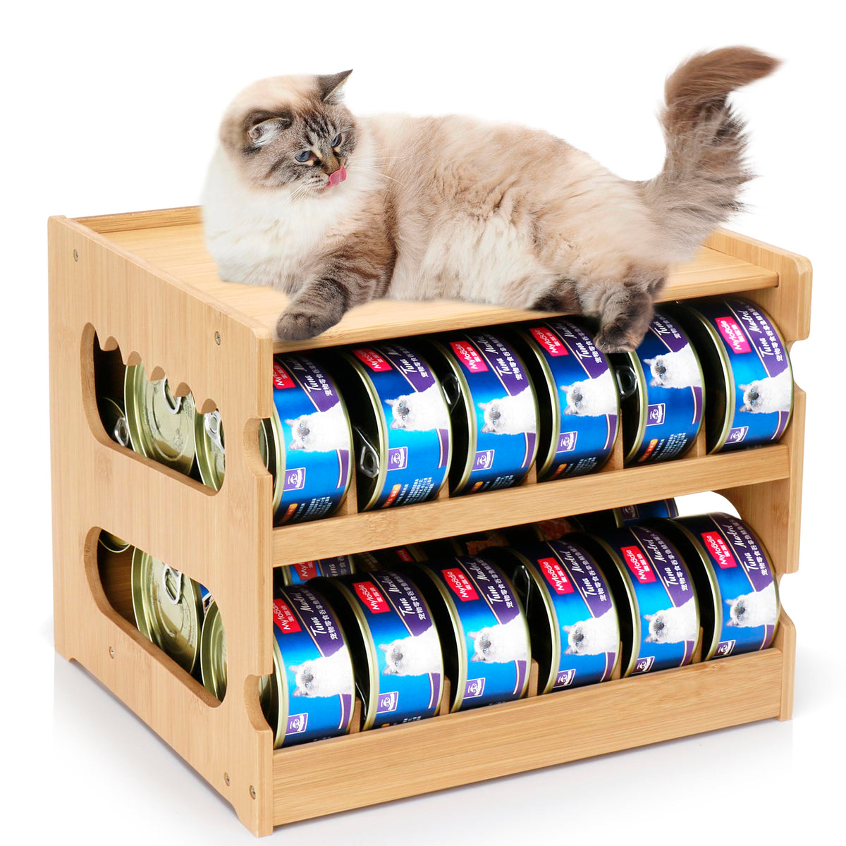 PLITTPETTS bamboo can organizer front view for easy pantry access.